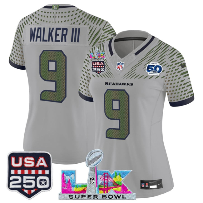 Women's Seattle Seahawks #9 Kenneth Walker III Gray 2025 F.U.S.E. Super Bowl LX & US 250th anniversary Patch And 50th Season Patch “Rivalries” Vapor Limited Football Stitched Jersey(Run Small)